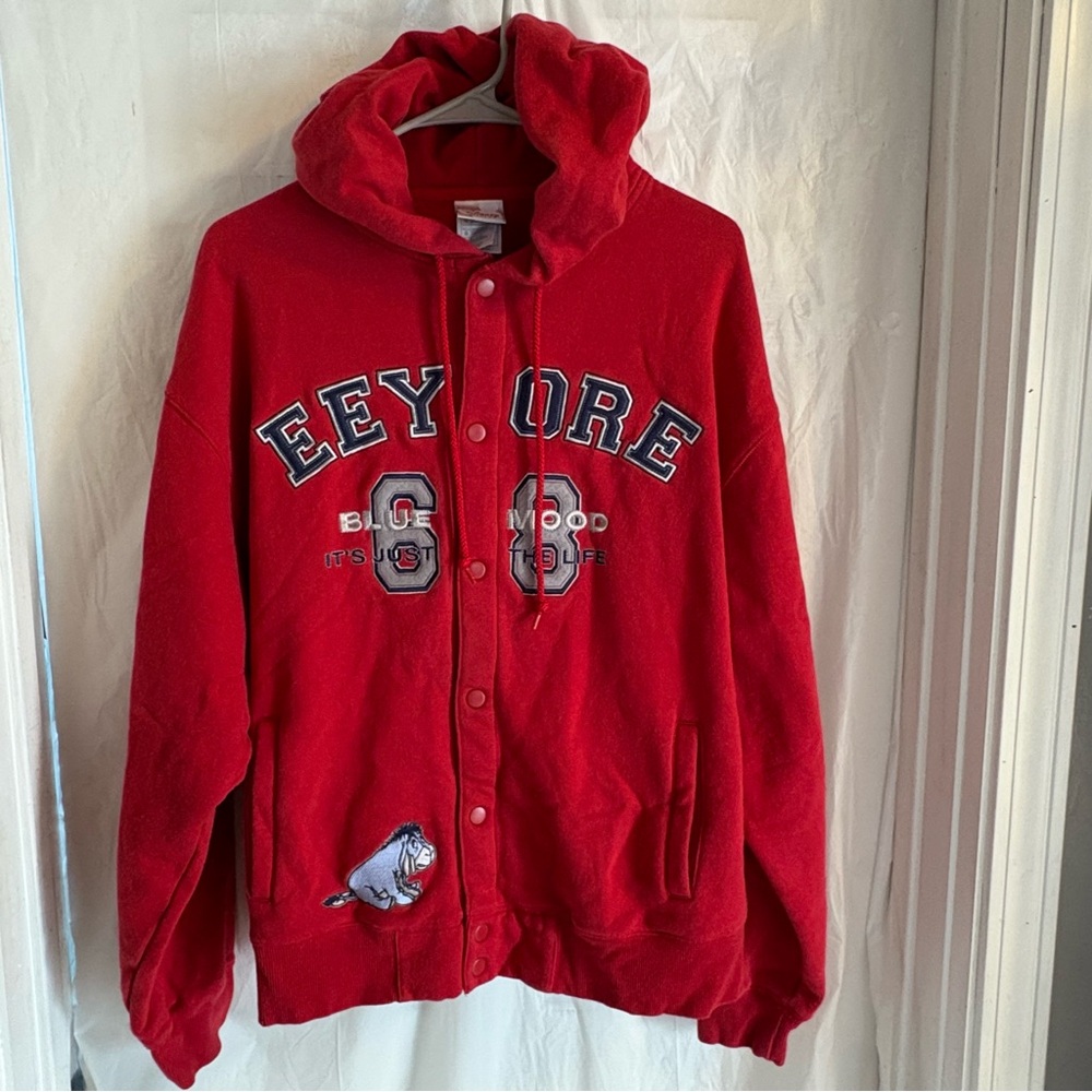 Vtg 90s Disney Eeyore Blue Mood #68 Hoodie‎ Womens L Red Snap Retro Streetwear